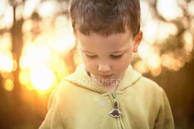 Портрет мальчика в капюшоне, смотрящего вниз — стоковое фото