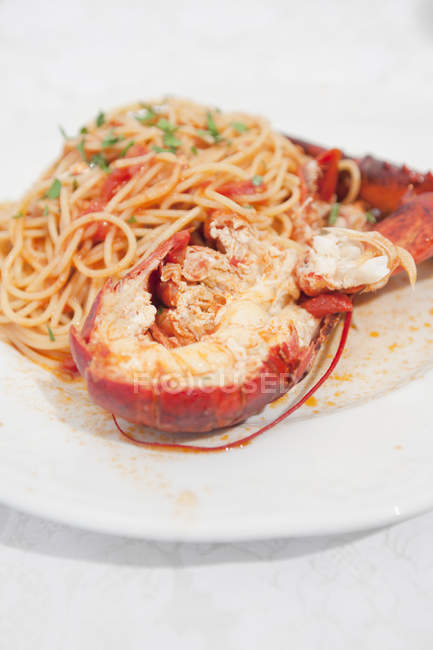 Lobster spaghetti portion served on plate — Stock Photo