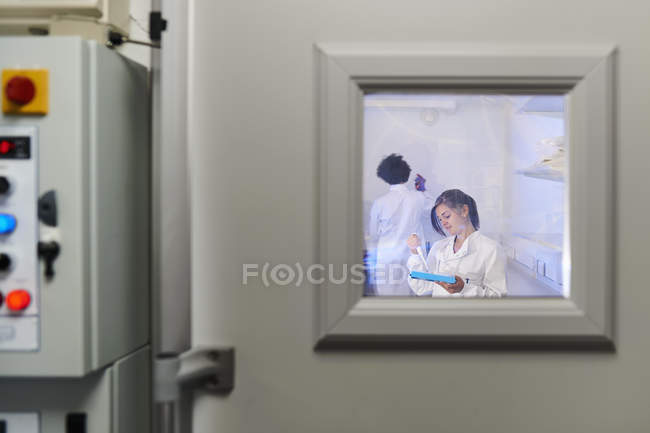 View through window of scientists in laboratory — Stock Photo