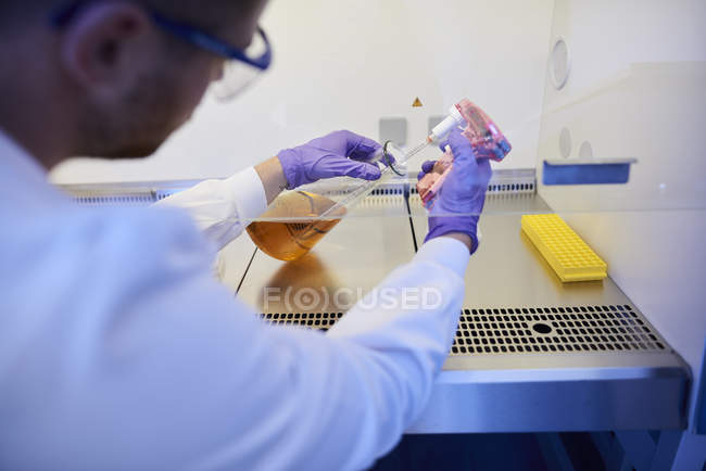 Científico en laboratorio usando pipeta electrónica en frasco cónico - foto de stock