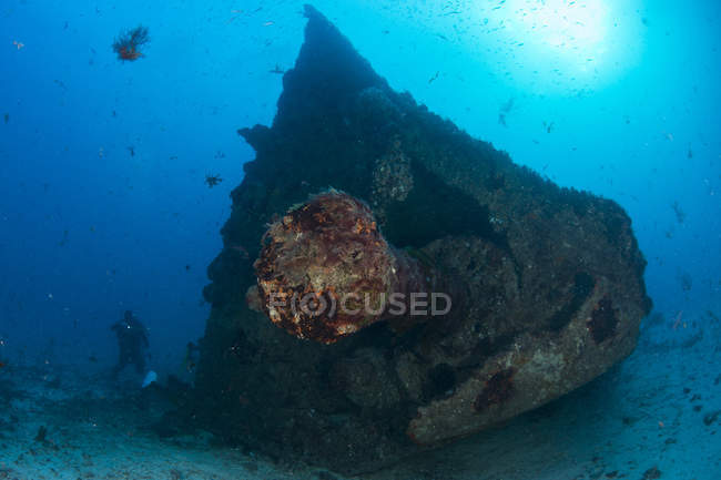 Silhouetted diver exploring unknown wreck, Cancún, Quintana Roo, México - foto de stock