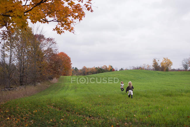 Zwei kleine Schwestern spielen zusammen auf der grünen Wiese in der Herbstsaison — Stockfoto