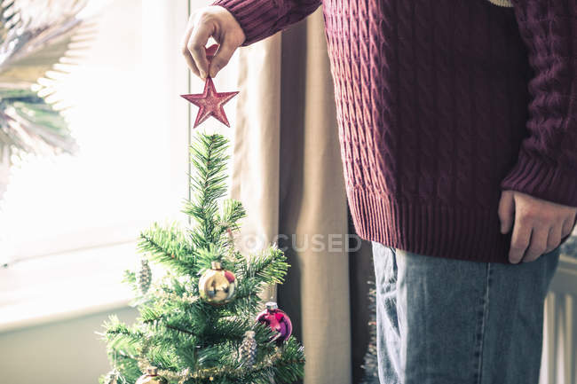 Person putting star on christmas tree — Stock Photo