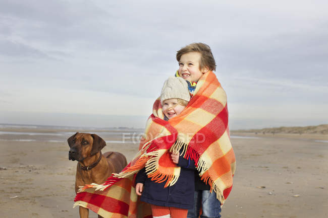 Портрет трёхлетней девочки и брата, завернутые в одеяло на пляже, Блумендал-ан-Зи, Нидерланды — стоковое фото