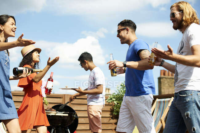 Amigos femininos e masculinos cumprimentando no churrasco no telhado — Fotografia de Stock