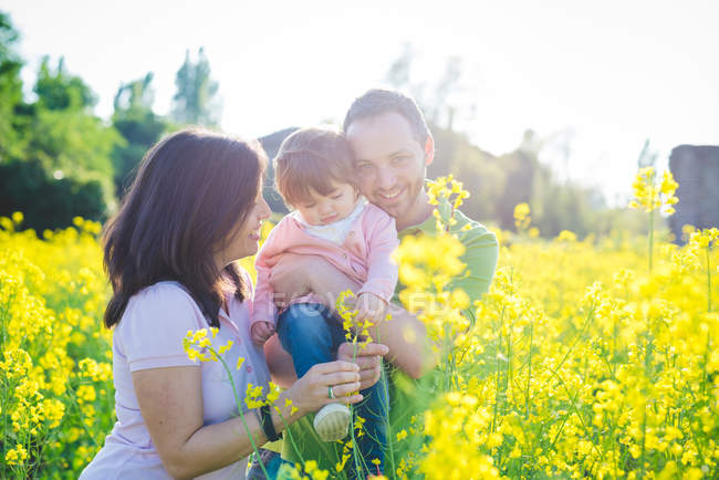 Casal com a filha da criança no campo de flores amarelas — Fotografia de Stock