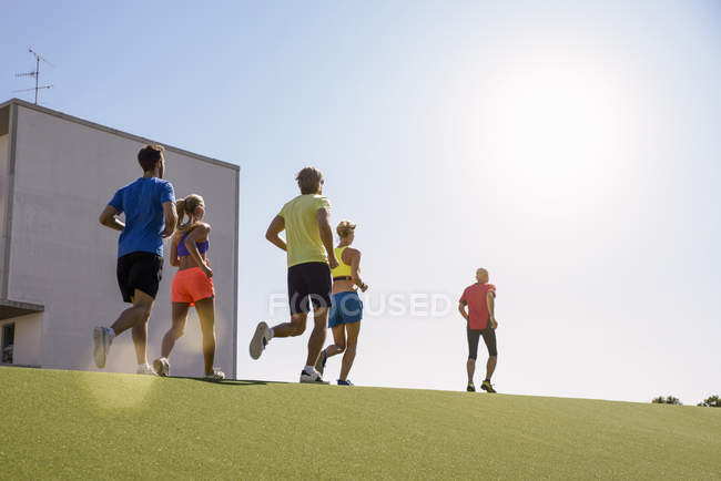 Small group of people running on grass in city — Stock Photo