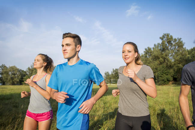 Gruppe von Freunden rennt durch Feld — Stockfoto