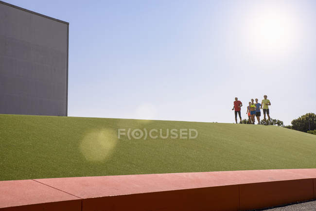 Small group of people running on grass in city in sunlight — Stock Photo
