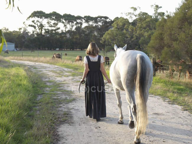 Вид сзади на девочку-подростка, ведущую серую лошадь — стоковое фото