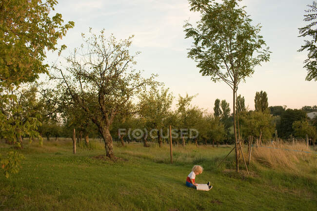 Kleiner Junge sitzt mit Buch auf Gras — Stockfoto
