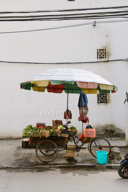 Parapluie sur chariot de fruits dans la rue de la ville — Photo de stock