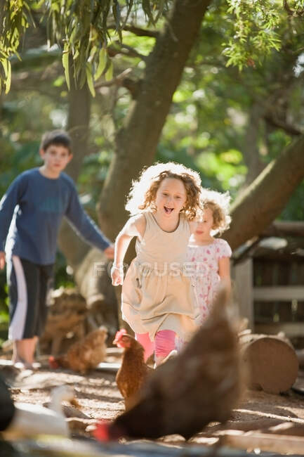 Crianças brincando com galinhas ao ar livre — Fotografia de Stock