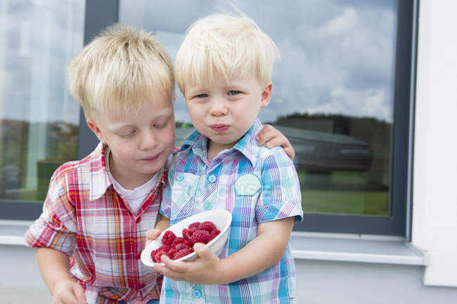 Dos hermanos jóvenes en el patio comiendo frambuesas - foto de stock