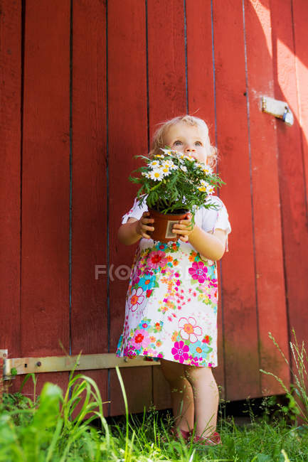 Menina segurando vaso planta ao ar livre — Fotografia de Stock
