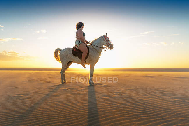 Mujer montando a caballo en la playa, vista lateral, Jericoacoara, Ceara, Brasil, Sudamérica - foto de stock