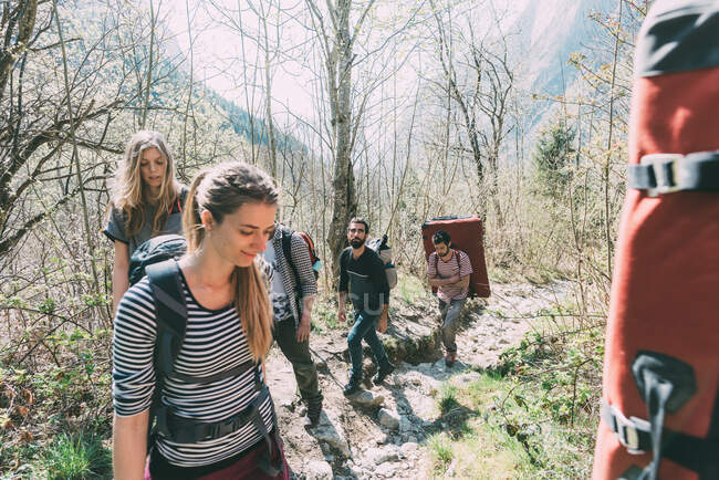 Amici adulti che camminano nel bosco con zaino tappetini da boulder, Lombardia, Italia — Foto stock
