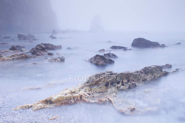 Majestuosa vista natural de la niebla rodando sobre la playa rocosa - foto de stock
