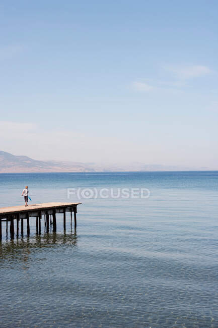 Junge mit Kescher auf Seebrücke — Stockfoto