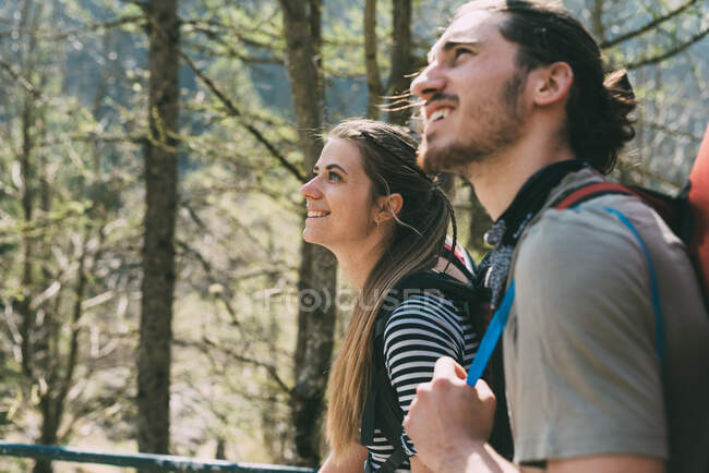 Dos excursionistas adultos jóvenes mirando hacia arriba en el bosque, Lombardía, Italia - foto de stock