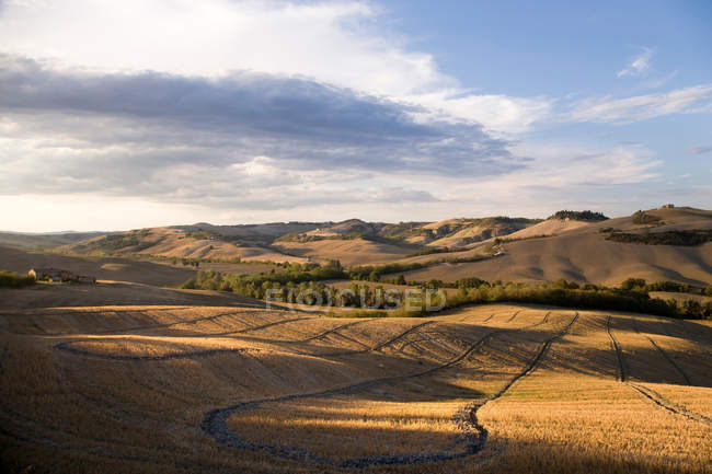Красивый пейзаж с полем и живописными холмами в Тоскане — стоковое фото