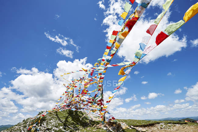 Filas de coloridas banderas de oración contra el cielo azul, Zhagana, Gansu, China - foto de stock