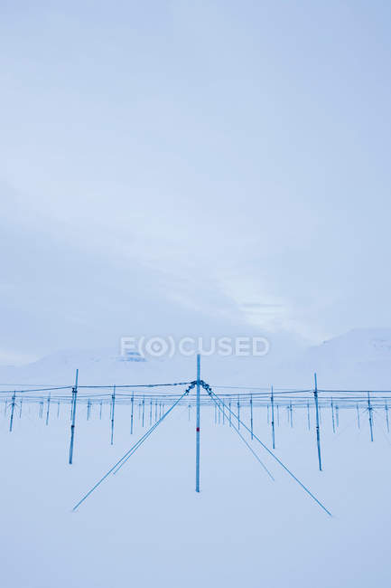 Postes de arame no campo coberto de neve, spitsbergen, svalbard, norway — Fotografia de Stock