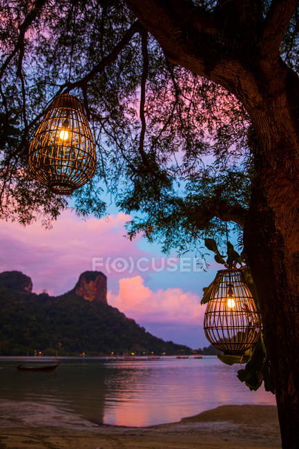 Luzes penduradas na árvore ao pôr do sol, Krabi, Tailândia, Ásia — Fotografia de Stock