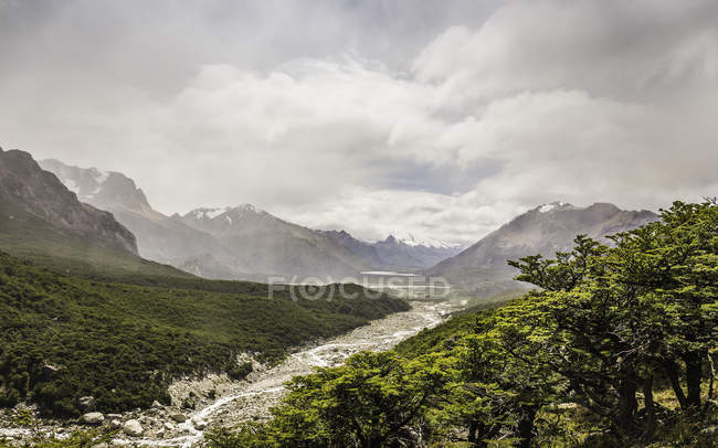 Corriente que corre a través del valle de la montaña en el Parque Nacional Los Glaciares, Patagonia, Argentina - foto de stock