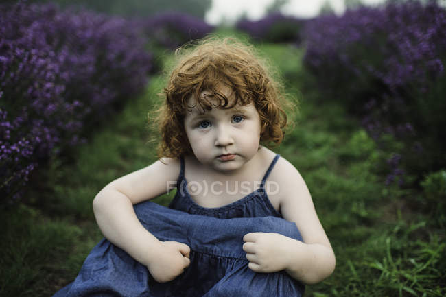 Petite fille assise entre des rangées de lavande — Photo de stock