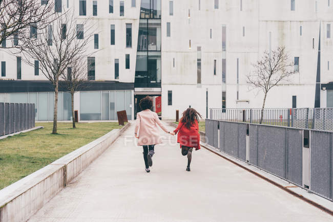 Young couple outdoors, running hand in hand across footbridge, rear view — Stock Photo