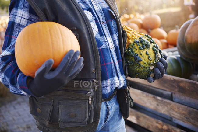 Farmer with pumpkin and squash — Stock Photo