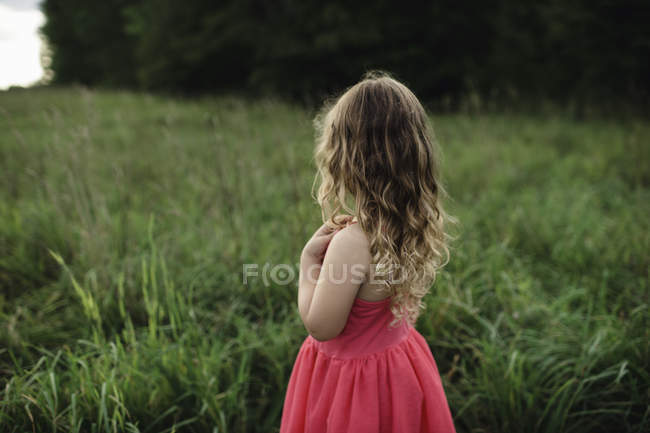 Visão traseira da menina de cabelos loiros olhando para fora sobre o campo — Fotografia de Stock