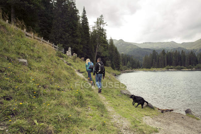Couple with dog hiking by lake, Tirol, Steiermark, Austria, Europe — Stock Photo
