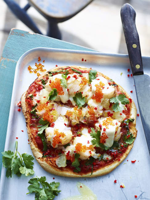 Moreton bay bug pizza on white dish — Stock Photo