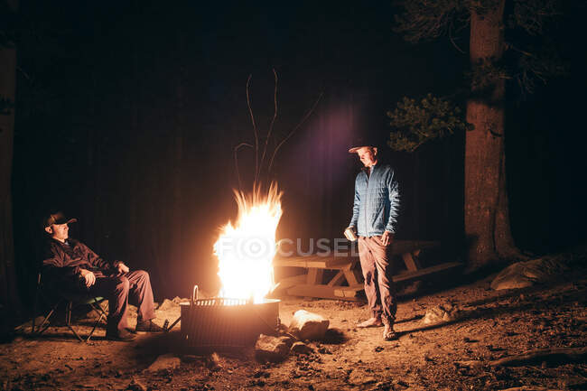Amigos acampando na floresta pela fogueira, Mammoth Lake, Califórnia, EUA, América do Norte — Fotografia de Stock