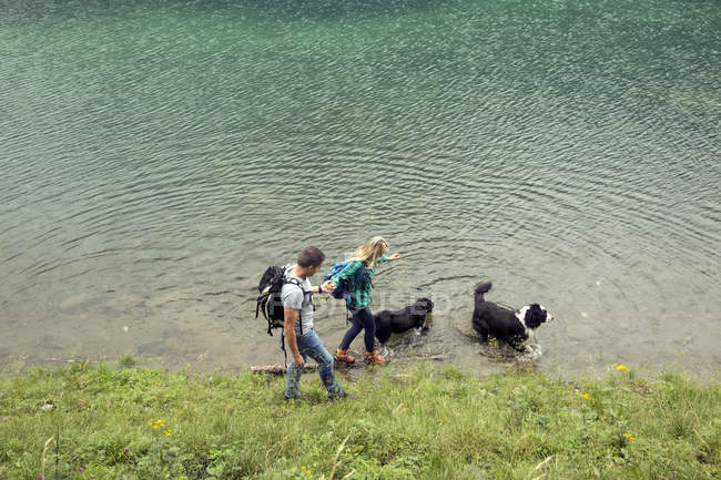 Couple with dogs hiking by lake, Tirol, Steiermark, Austria, Europe — Stock Photo