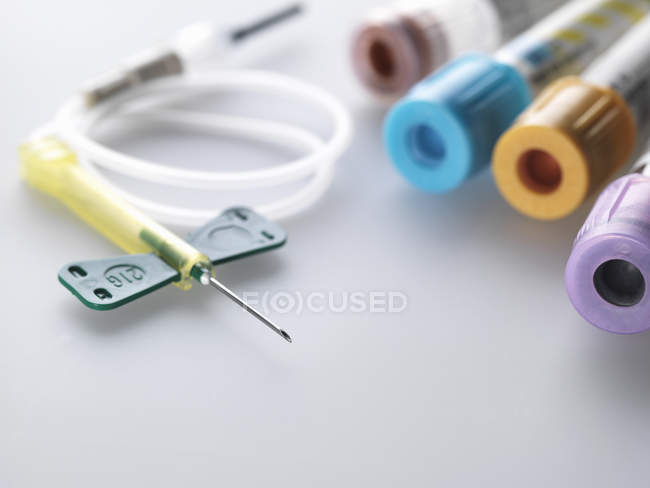 Variety of medical samples including blood and chemistry with a blood collection set — Stock Photo