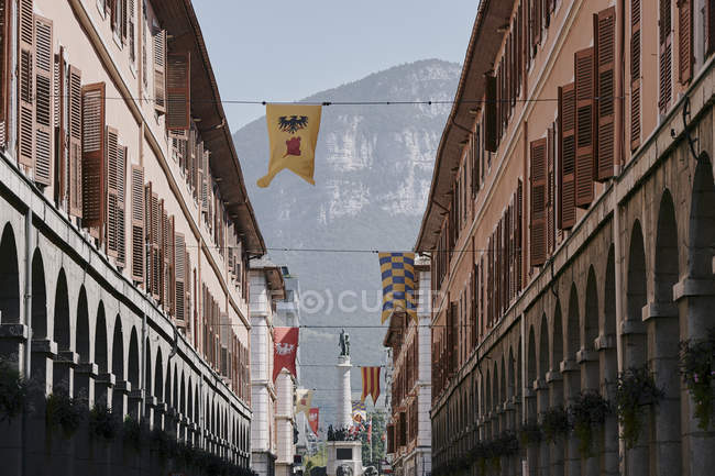 Strada tradizionale con bandiere, Chambery, Rhone-Alpes, Francia — Foto stock