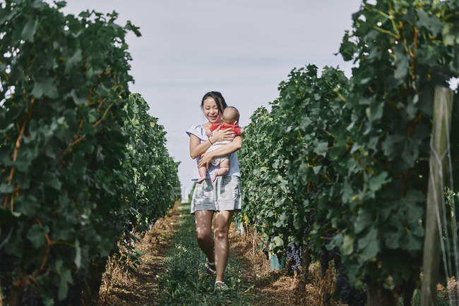 Женщина носит девочку в винограднике — стоковое фото