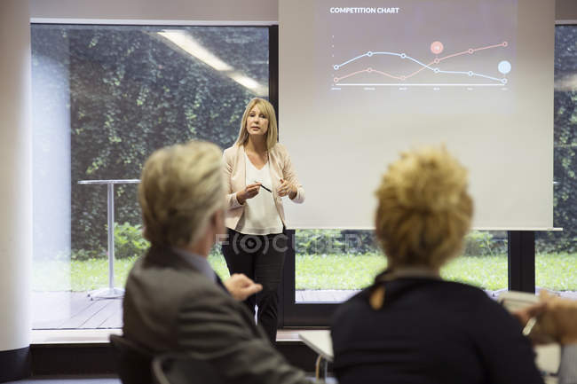 Colegas na sala de conferências assistindo apresentação na tela de projeção — Fotografia de Stock