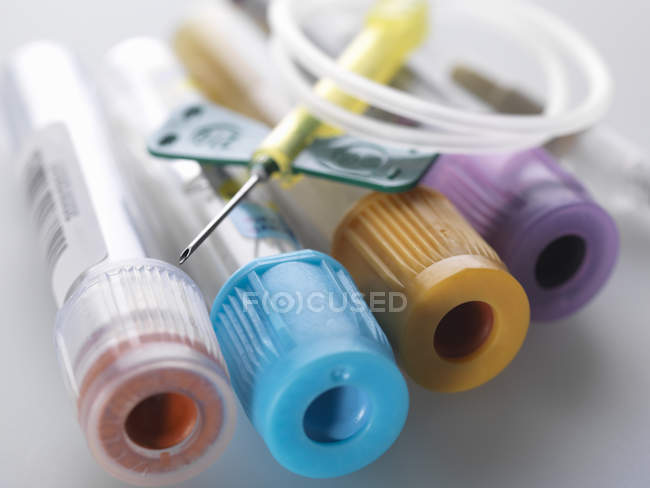 Variety of medical samples including blood and chemistry with blood collection set — Stock Photo