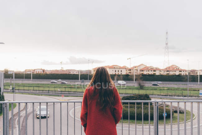 Young woman, standing on footbridge, looking at view, rear view — Stock Photo