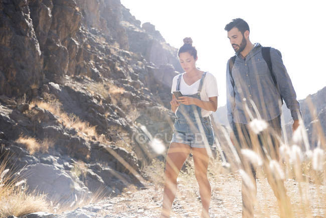 Young hiking couple looking at smartphone while hiking in valley, Las Palmas, Canary Islands, Spain — Stock Photo