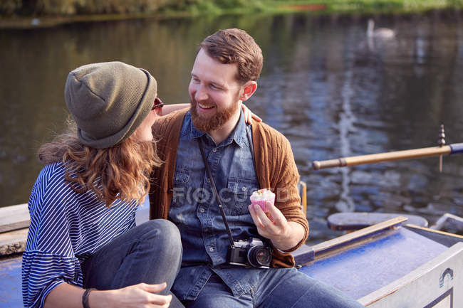 Couple on canal boat — Stock Photo