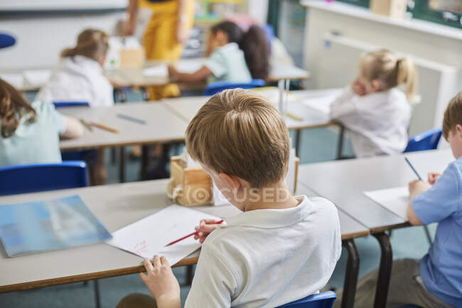 Estudante primário e meninas fazendo trabalhos escolares em mesas de sala de aula, visão traseira — Fotografia de Stock