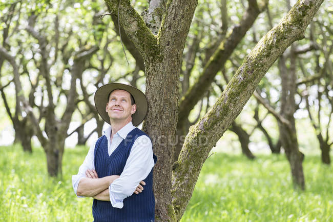 Retrato del hombre con los brazos cruzados cerca del árbol - foto de stock