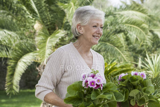 Femme âgée dans le jardin, tenant des plantes — Photo de stock