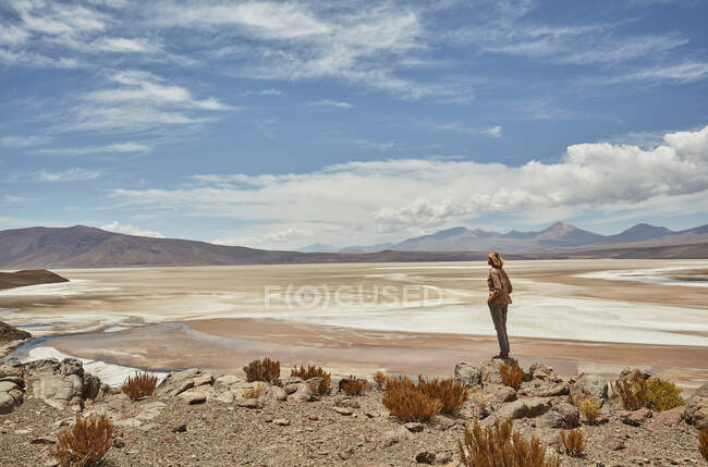Mujer de pie, mirando a la vista, Salar de Chiguana, Chiguana, Potosí, Bolivia, Sudamérica - foto de stock