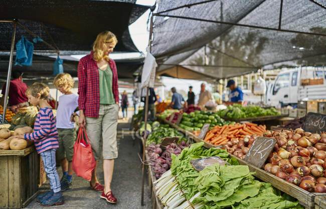 Мать и сыновья покупают фрукты и овощи в ларьке на рынке, Монтевидео, Уругвай, Южная Америка — стоковое фото